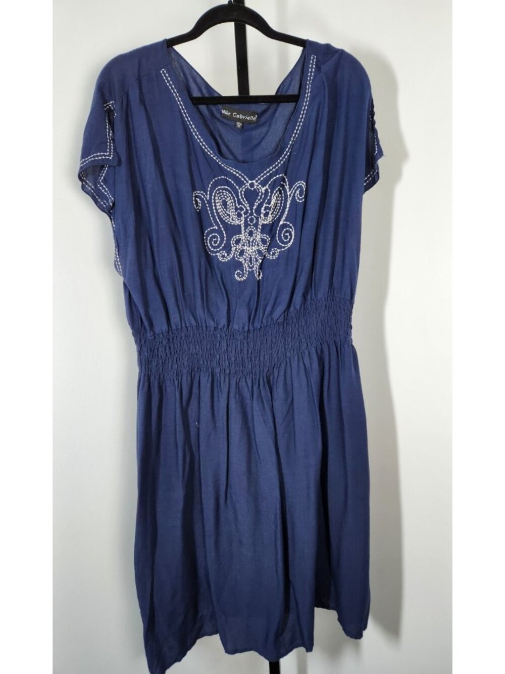 Mlle Gabrielle Navy Blue and White  Embroidered Smocked Dress-SZ 2X